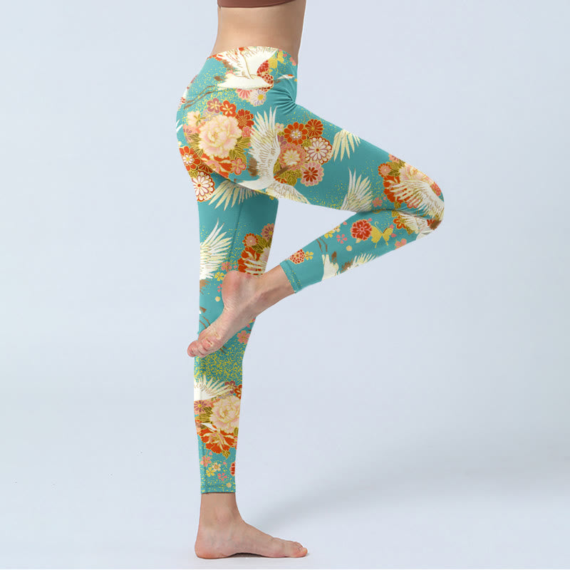 Buddha Stones Red-crowned Cranes Peony Flowers Butterfly Pattern Print Gym Leggings Women's Yoga Pants - image 4