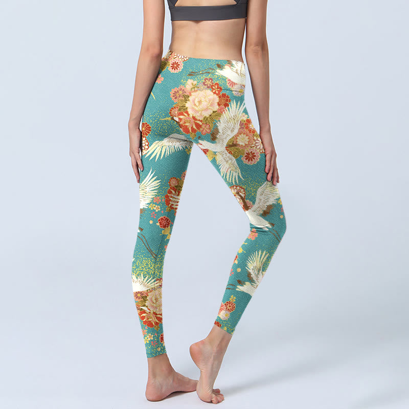 Buddha Stones Red-crowned Cranes Peony Flowers Butterfly Pattern Print Gym Leggings Women's Yoga Pants - image 5