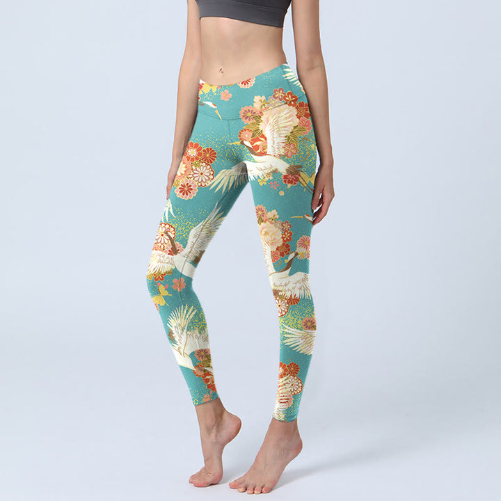 Buddha Stones Red-crowned Cranes Peony Flowers Butterfly Pattern Print Gym Leggings Women's Yoga Pants - MediumTurquoise - US18,UK/AU22,EU50 (4XL) - image 1