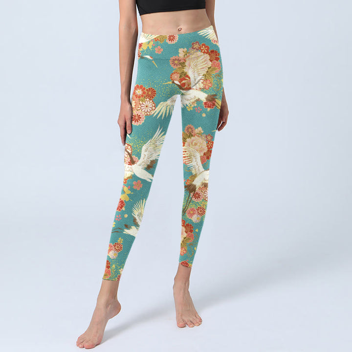 Buddha Stones Red-crowned Cranes Peony Flowers Butterfly Pattern Print Gym Leggings Women's Yoga Pants - image 6