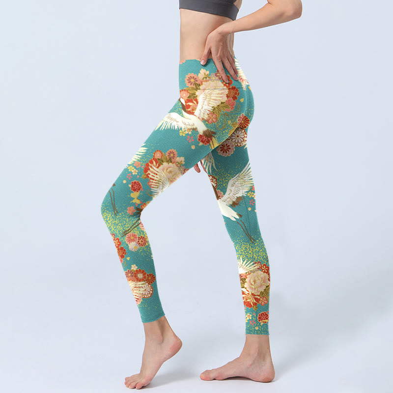 Buddha Stones Red-crowned Cranes Peony Flowers Butterfly Pattern Print Gym Leggings Women's Yoga Pants - image 3