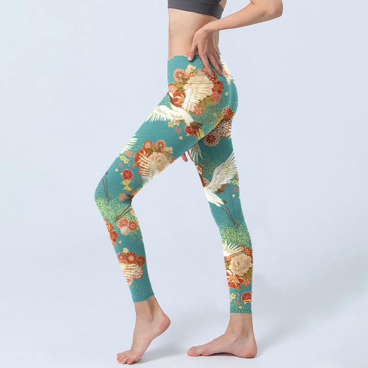 Buddha Stones Red-crowned Cranes Peony Flowers Butterfly Pattern Print Gym Leggings Women's Yoga Pants - image 3