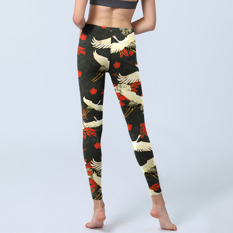 Buddha Stones Red-crowned Cranes Peony Flowers Pattern Print Gym Leggings Women's Yoga Pants - image 7