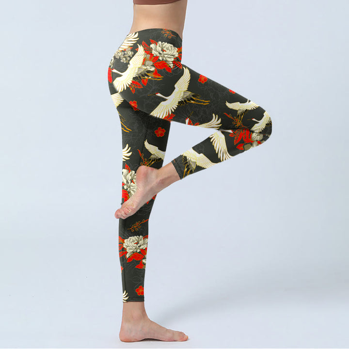 Buddha Stones Red-crowned Cranes Peony Flowers Pattern Print Gym Leggings Women's Yoga Pants - image 4