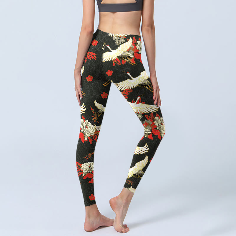 Buddha Stones Red-crowned Cranes Peony Flowers Pattern Print Gym Leggings Women's Yoga Pants - image 5