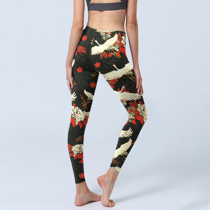 Buddha Stones Red-crowned Cranes Peony Flowers Pattern Print Gym Leggings Women's Yoga Pants - image 5