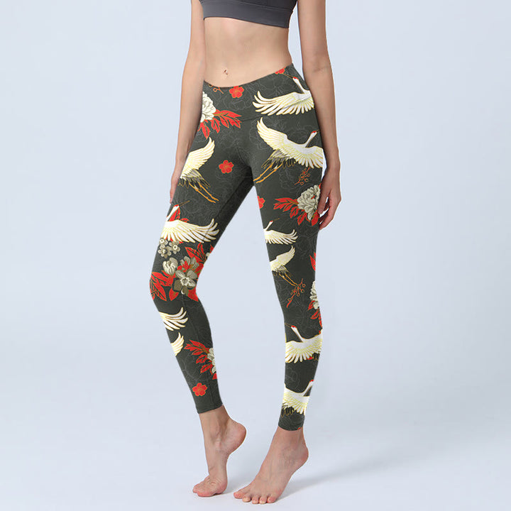 Buddha Stones Red-crowned Cranes Peony Flowers Pattern Print Gym Leggings Women's Yoga Pants - DimGray - US18,UK/AU22,EU50 (4XL) - image 1