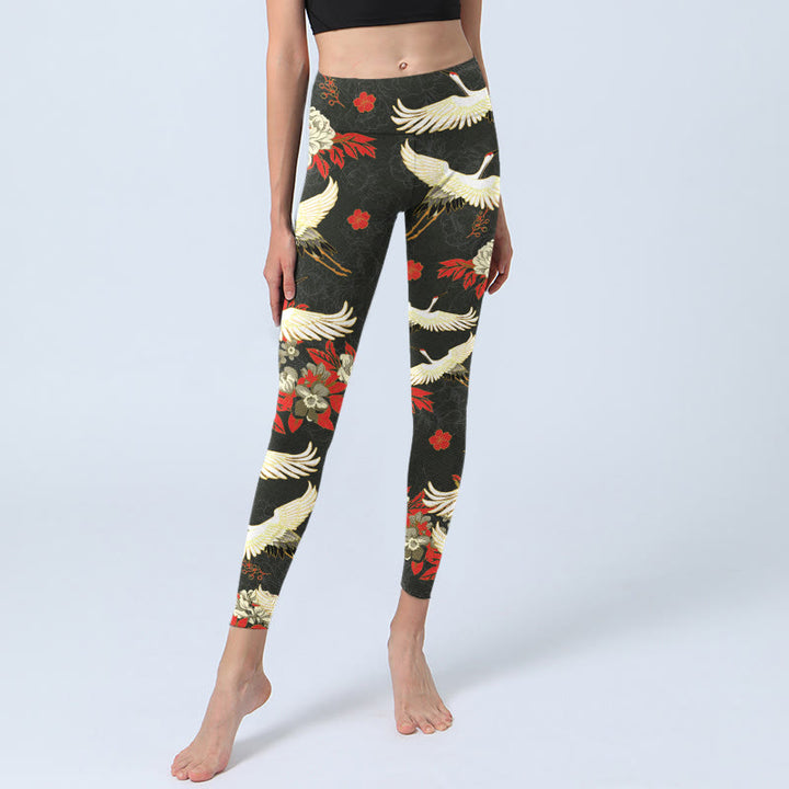 Buddha Stones Red-crowned Cranes Peony Flowers Pattern Print Gym Leggings Women's Yoga Pants - image 6