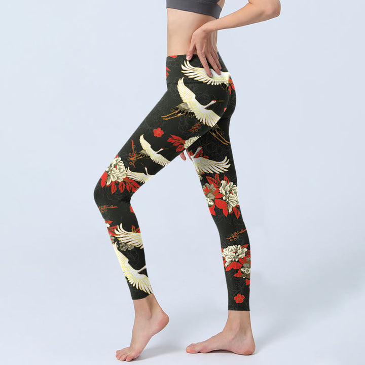 Buddha Stones Red-crowned Cranes Peony Flowers Pattern Print Gym Leggings Women's Yoga Pants - image 3