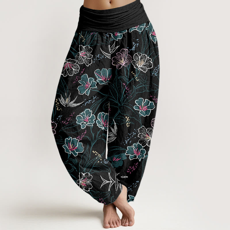 Buddha Stones Casual Tropical Flowers Foliage Pattern Women's Elastic Waist Harem Pants - Black - US22,UK/AU26,EU54 (6XL) - image 8