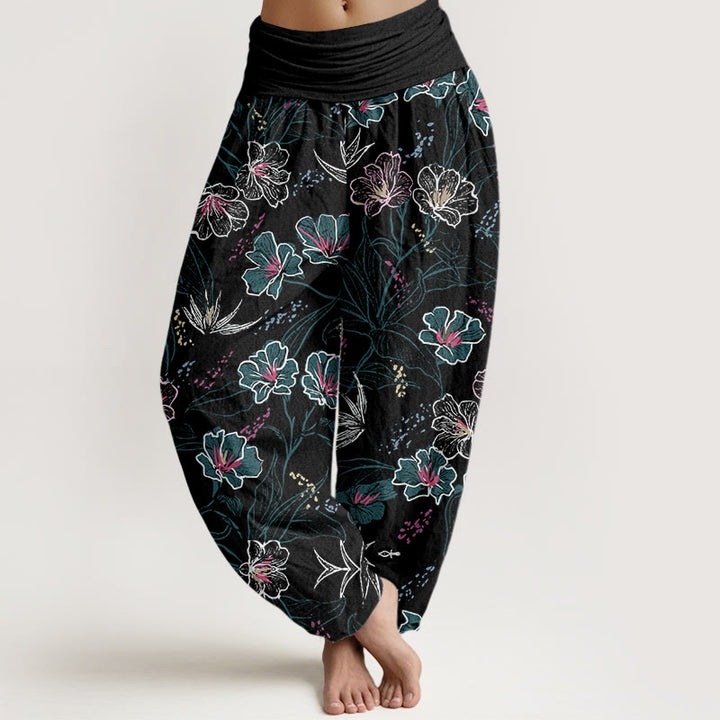 Buddha Stones Casual Tropical Flowers Foliage Pattern Women's Elastic Waist Harem Pants - Black - US22,UK/AU26,EU54 (6XL) - image 8