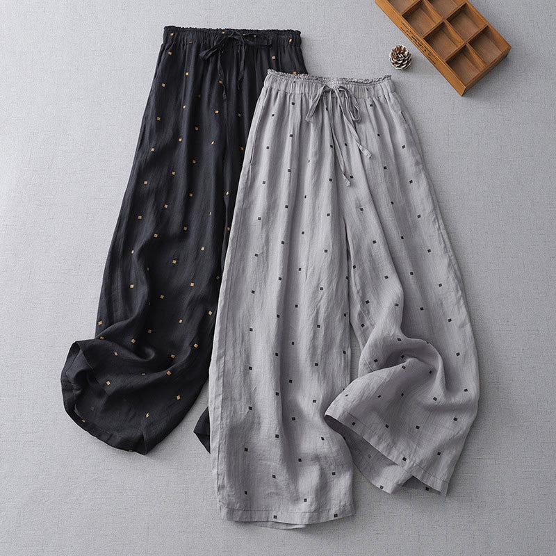 Buddha Stones Summer Casual Polka Dot Pattern Design Cotton Linen Women's Wide Leg Pants With Pockets - image 14