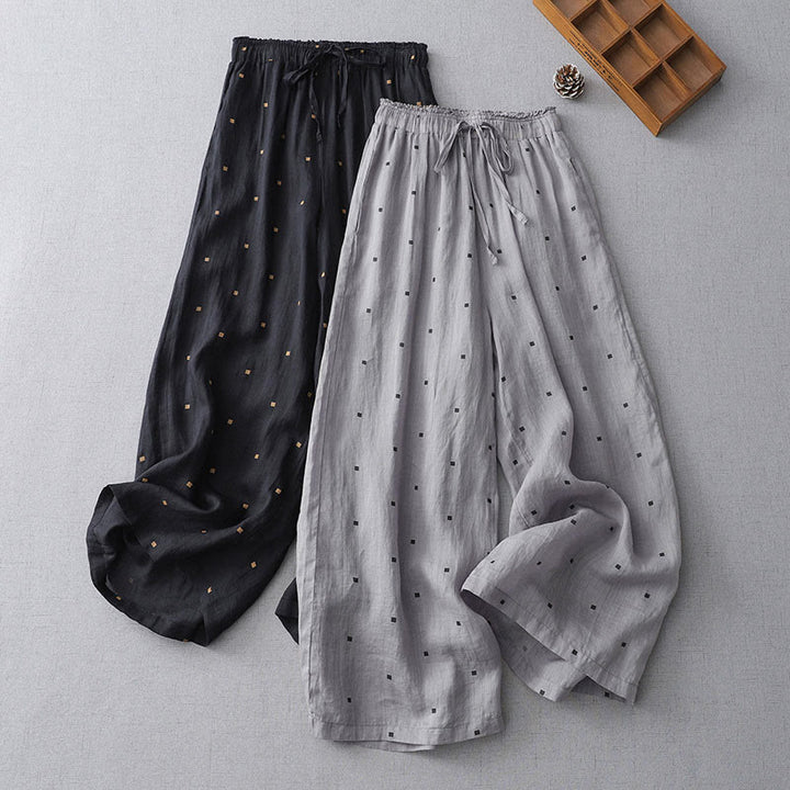 Buddha Stones Summer Casual Polka Dot Pattern Design Cotton Linen Women's Wide Leg Pants With Pockets - image 14