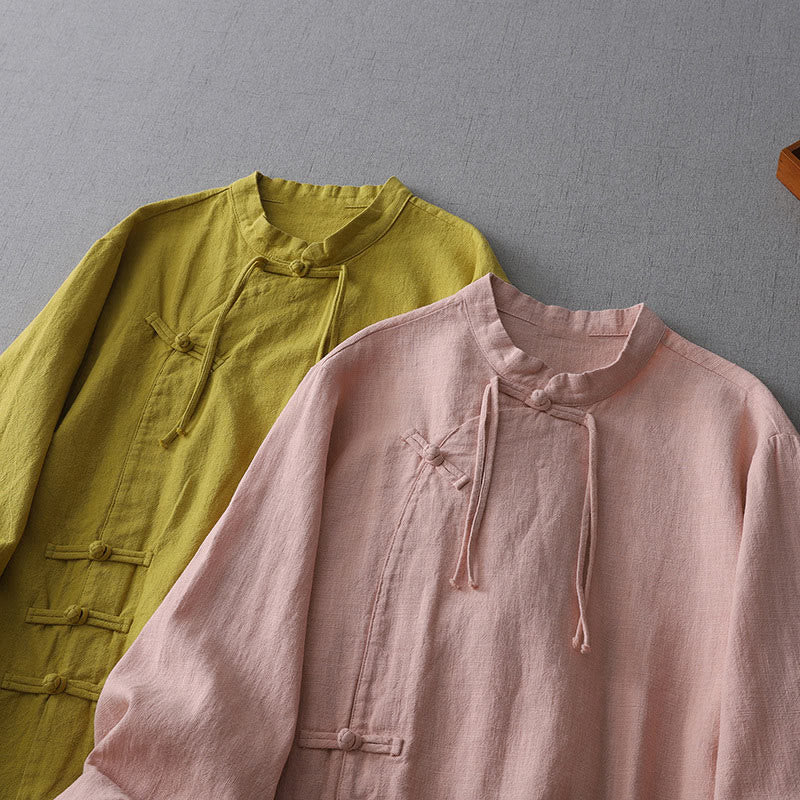 Buddha Stones Vintage Chinese Frog-Button Design Stand Collar Zen Women's Long Sleeve Cotton Linen Shirt - image 8