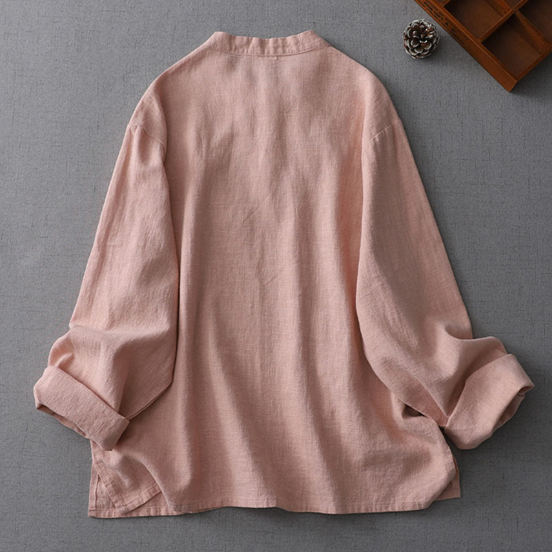 Buddha Stones Vintage Chinese Frog-Button Design Stand Collar Zen Women's Long Sleeve Cotton Linen Shirt - image 1