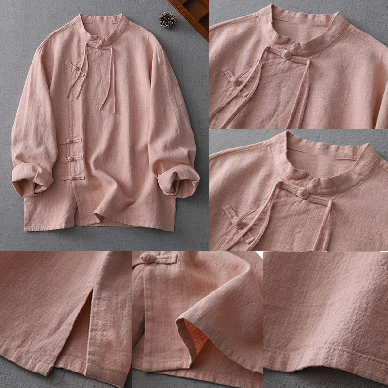 Buddha Stones Vintage Chinese Frog-Button Design Stand Collar Zen Women's Long Sleeve Cotton Linen Shirt - image 4