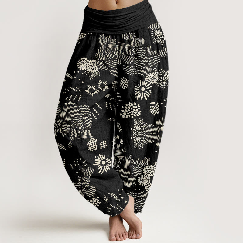 Buddha Stones Casual Floral Line Design Pattern Women's Elastic Waist Harem Pants - Black - US22,UK/AU26,EU54 (6XL) - image 1
