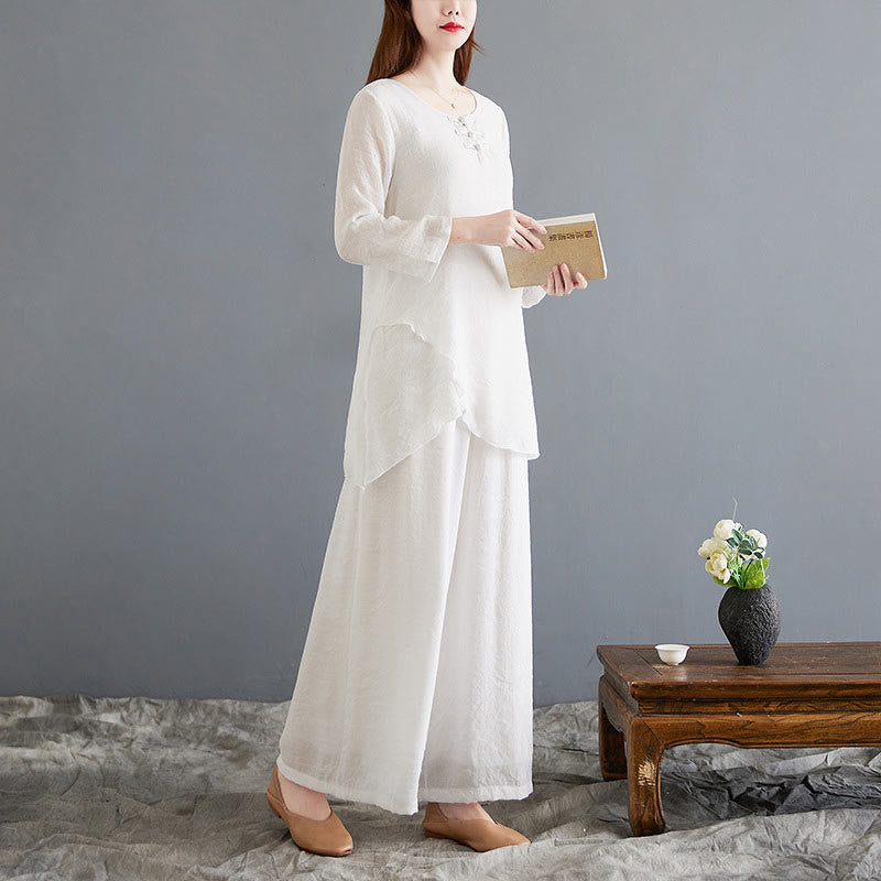 Buddha Stones 2Pcs Beige Chinese Frog-Button Design Long Sleeve Shirt Top Pants Meditation Zen Tai Chi Cotton Linen Clothing Women's Set