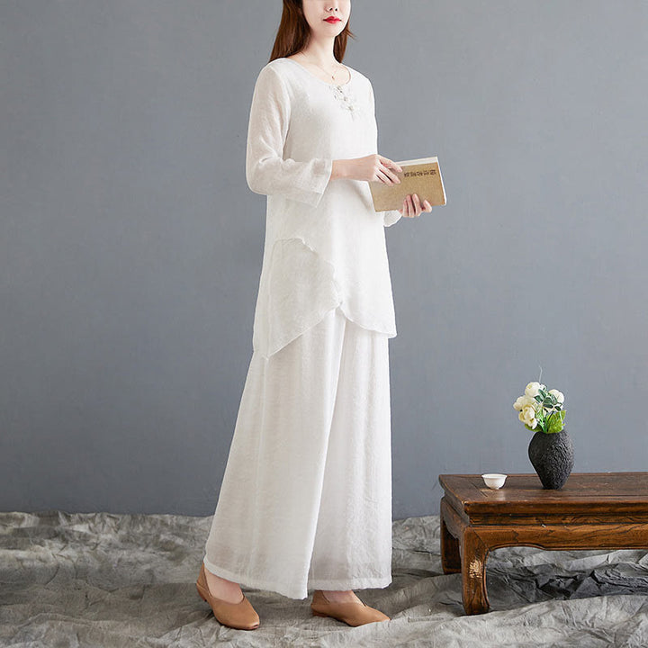 Buddha Stones 2Pcs Beige Chinese Frog-Button Design Long Sleeve Shirt Top Pants Meditation Zen Tai Chi Cotton Linen Clothing Women's Set