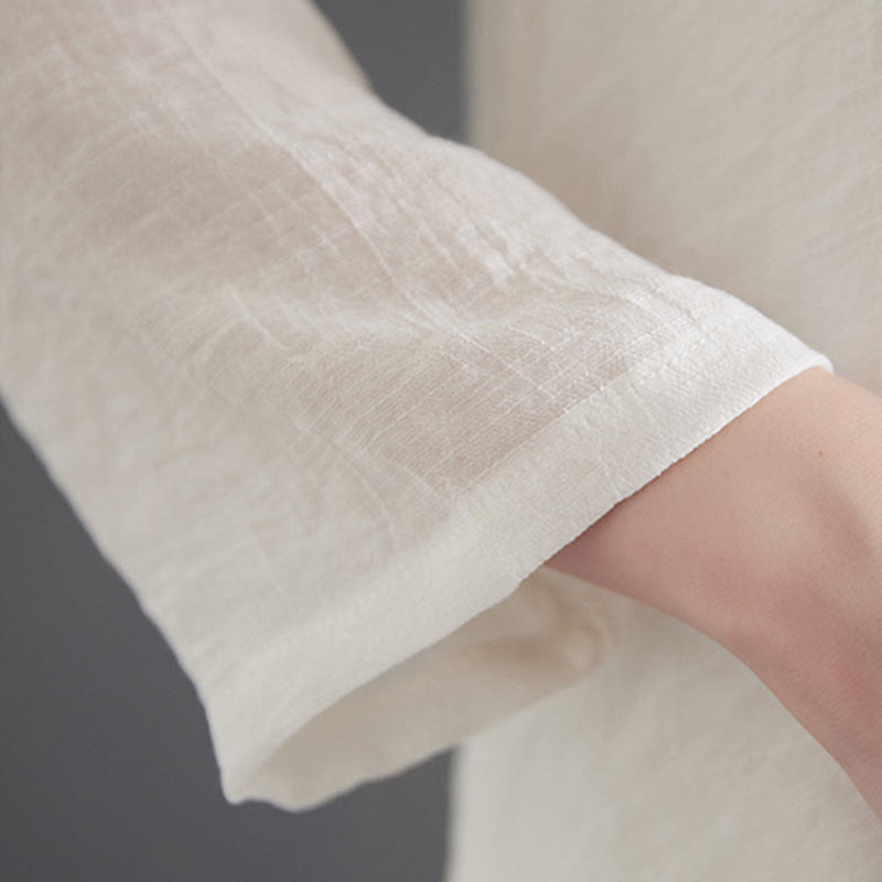 Buddha Stones 2Pcs Beige Chinese Frog-Button Design Long Sleeve Shirt Top Pants Meditation Zen Tai Chi Cotton Linen Clothing Women's Set