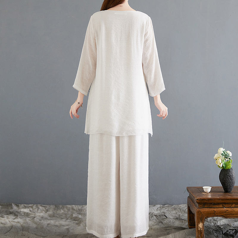 Buddha Stones 2Pcs Beige Chinese Frog-Button Design Long Sleeve Shirt Top Pants Meditation Zen Tai Chi Cotton Linen Clothing Women's Set