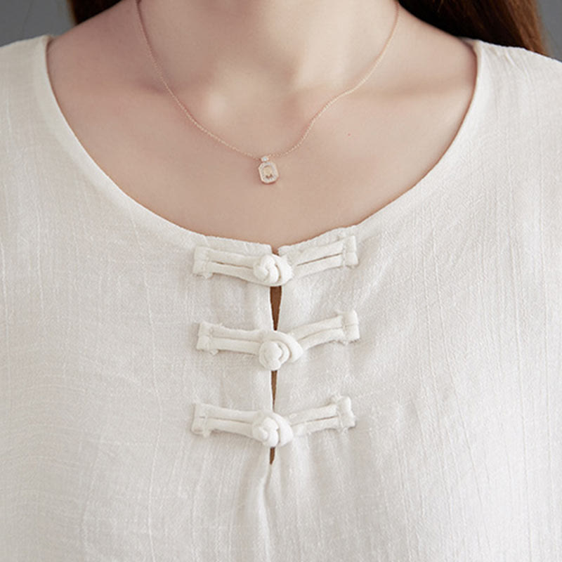 Buddha Stones 2Pcs Beige Chinese Frog-Button Design Long Sleeve Shirt Top Pants Meditation Zen Tai Chi Cotton Linen Clothing Women's Set