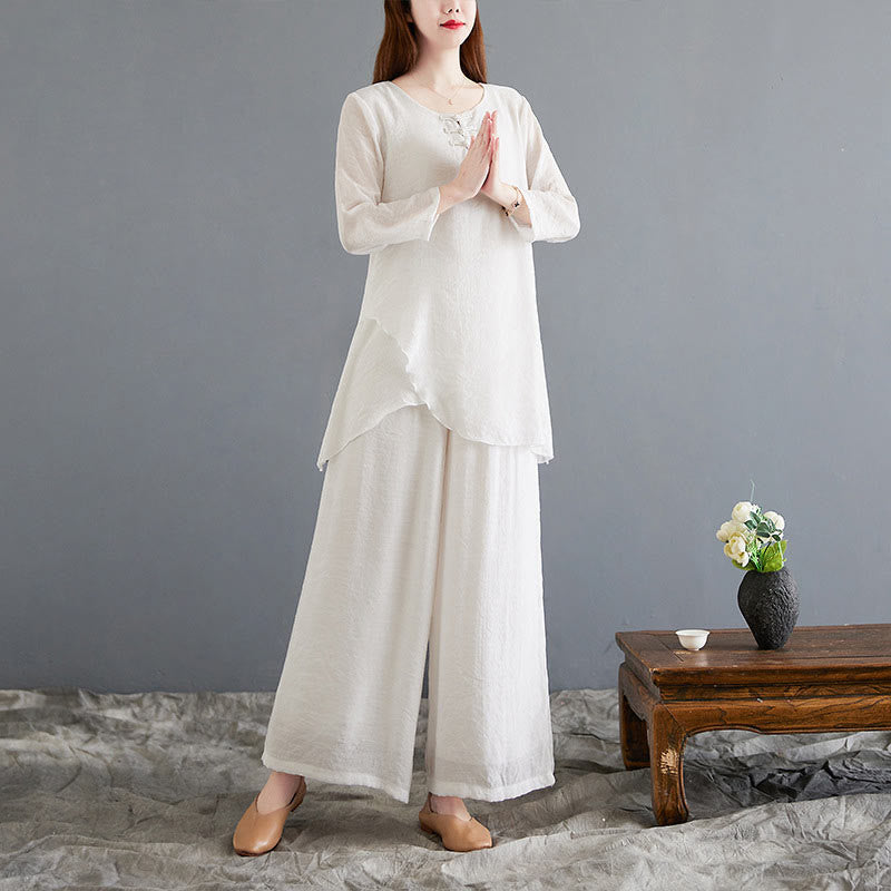 Buddha Stones 2Pcs Beige Chinese Frog-Button Design Long Sleeve Shirt Top Pants Meditation Zen Tai Chi Cotton Linen Clothing Women's Set