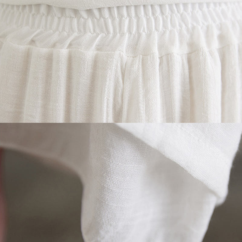 Buddha Stones 2Pcs Beige Chinese Frog-Button Design Long Sleeve Shirt Top Pants Meditation Zen Tai Chi Cotton Linen Clothing Women's Set