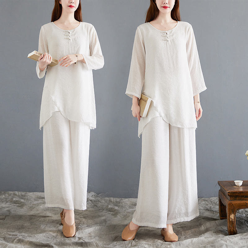 Buddha Stones 2Pcs Beige Chinese Frog-Button Design Long Sleeve Shirt Top Pants Meditation Zen Tai Chi Cotton Linen Clothing Women's Set