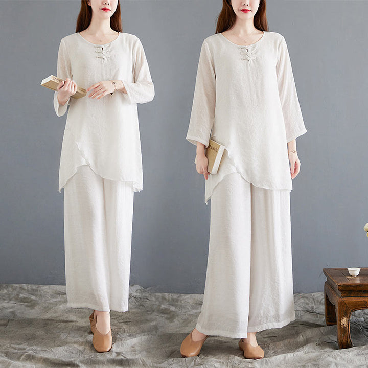 Buddha Stones 2Pcs Beige Chinese Frog-Button Design Long Sleeve Shirt Top Pants Meditation Zen Tai Chi Cotton Linen Clothing Women's Set