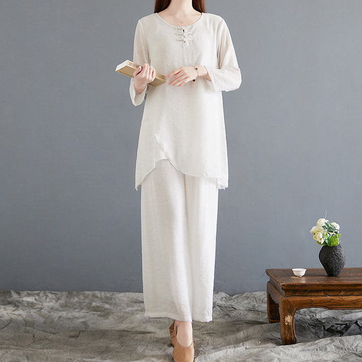 Buddha Stones 2Pcs Beige Chinese Frog-Button Design Long Sleeve Shirt Top Pants Meditation Zen Tai Chi Cotton Linen Clothing Women's Set