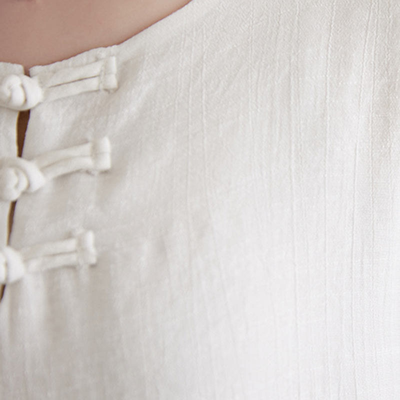 Buddha Stones 2Pcs Beige Chinese Frog-Button Design Long Sleeve Shirt Top Pants Meditation Zen Tai Chi Cotton Linen Clothing Women's Set