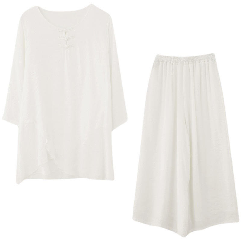 Buddha Stones 2Pcs Beige Chinese Frog-Button Design Long Sleeve Shirt Top Pants Meditation Zen Tai Chi Cotton Linen Clothing Women's Set