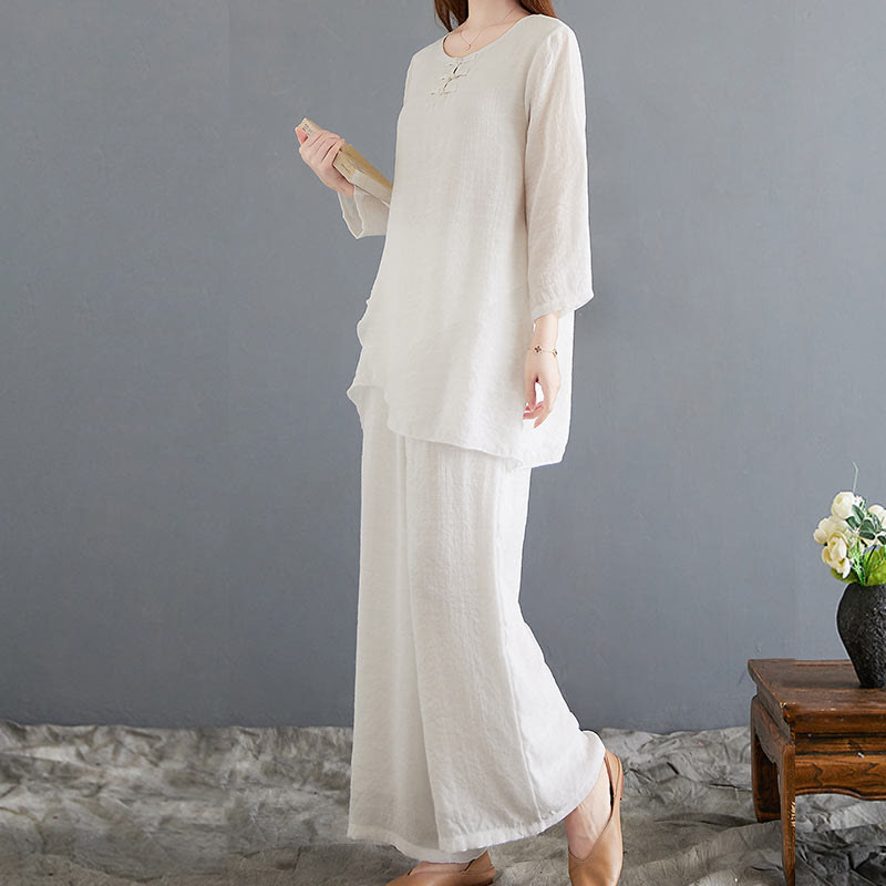 Buddha Stones 2Pcs Beige Chinese Frog-Button Design Long Sleeve Shirt Top Pants Meditation Zen Tai Chi Cotton Linen Clothing Women's Set