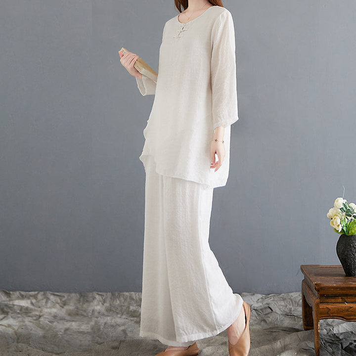 Buddha Stones 2Pcs Beige Chinese Frog-Button Design Long Sleeve Shirt Top Pants Meditation Zen Tai Chi Cotton Linen Clothing Women's Set