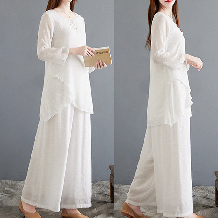 Buddha Stones 2Pcs Beige Chinese Frog-Button Design Long Sleeve Shirt Top Pants Meditation Zen Tai Chi Cotton Linen Clothing Women's Set