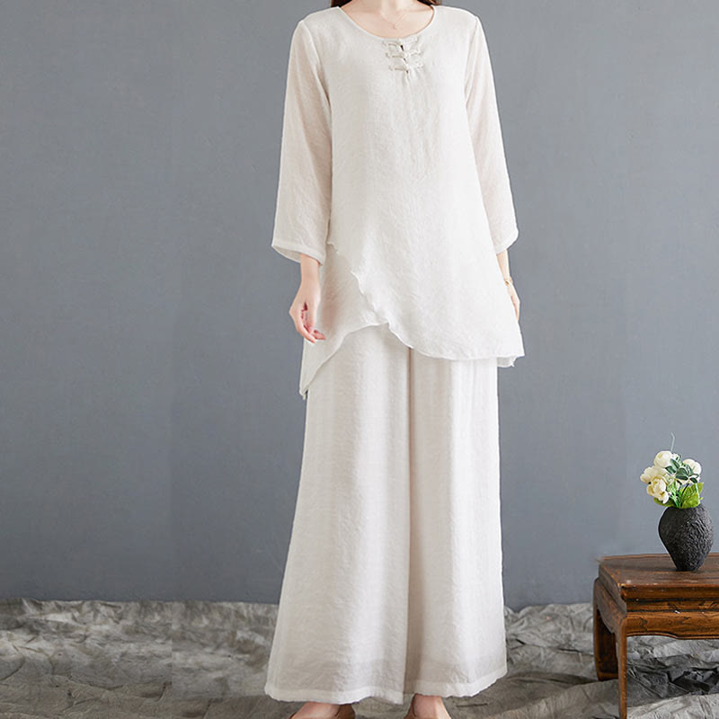 Buddha Stones 2Pcs Beige Chinese Frog-Button Design Long Sleeve Shirt Top Pants Meditation Zen Tai Chi Cotton Linen Clothing Women's Set