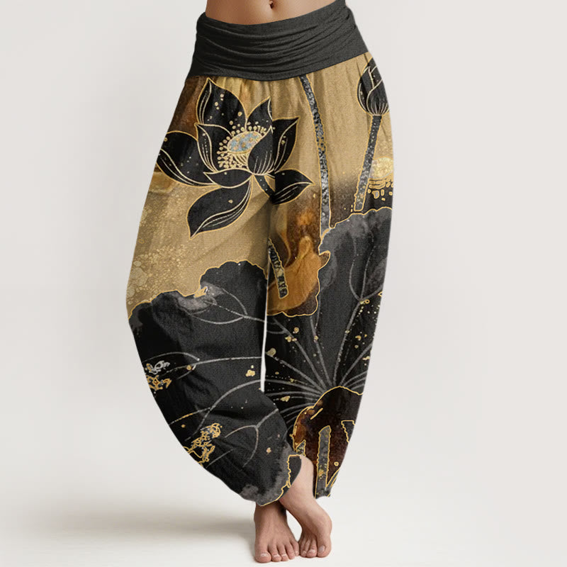 Buddha Stones Casual Lotus Petal Pattern Women's Elastic Waist Harem Pants - Black - US22,UK/AU26,EU54 (6XL) - image 1