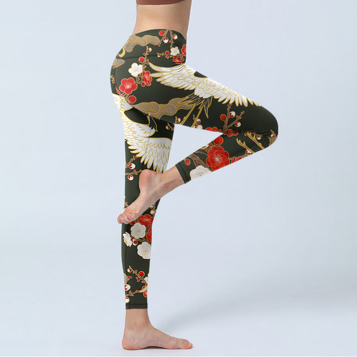 Buddha Stones Red Crowned Cranes Plum Blossoms Branches Pattern Print Gym Leggings Women's Yoga Pants - image 4