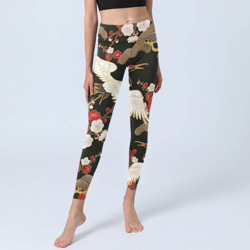 Buddha Stones Red Crowned Cranes Plum Blossoms Branches Pattern Print Gym Leggings Women's Yoga Pants - image 6
