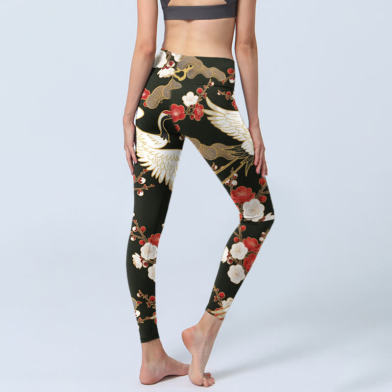 Buddha Stones Red Crowned Cranes Plum Blossoms Branches Pattern Print Gym Leggings Women's Yoga Pants - image 5