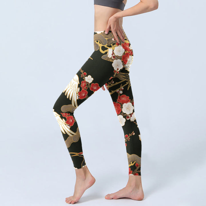 Buddha Stones Red Crowned Cranes Plum Blossoms Branches Pattern Print Gym Leggings Women's Yoga Pants - image 3