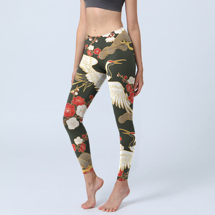 Buddha Stones Red Crowned Cranes Plum Blossoms Branches Pattern Print Gym Leggings Women's Yoga Pants - Black - US18,UK/AU22,EU50 (4XL) - image 1