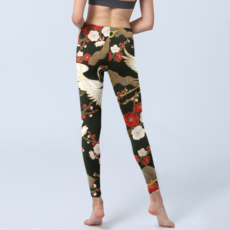 Buddha Stones Red Crowned Cranes Plum Blossoms Branches Pattern Print Gym Leggings Women's Yoga Pants - image 7