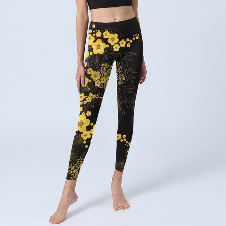 Buddha Stones Yellow Cherry Blossoms Bamboo Leaves Firework Pattern Print Gym Leggings Women's Yoga Pants - image 6