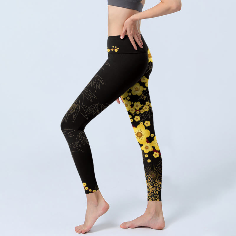 Buddha Stones Yellow Cherry Blossoms Bamboo Leaves Firework Pattern Print Gym Leggings Women's Yoga Pants - image 3