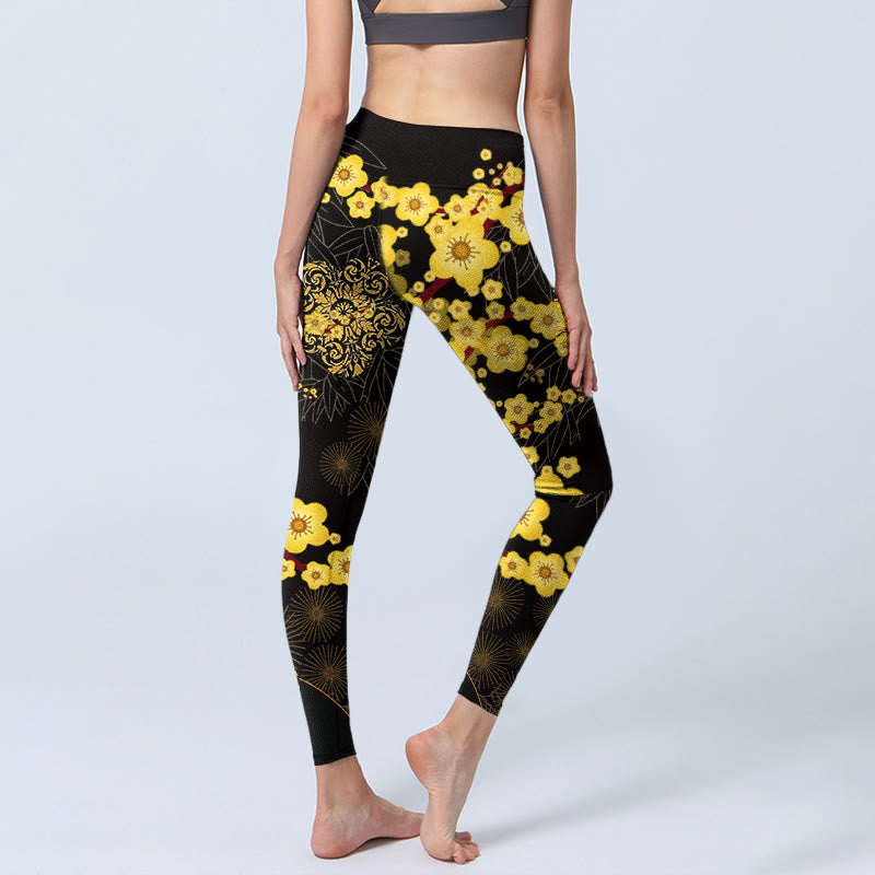 Buddha Stones Yellow Cherry Blossoms Bamboo Leaves Firework Pattern Print Gym Leggings Women's Yoga Pants - image 5