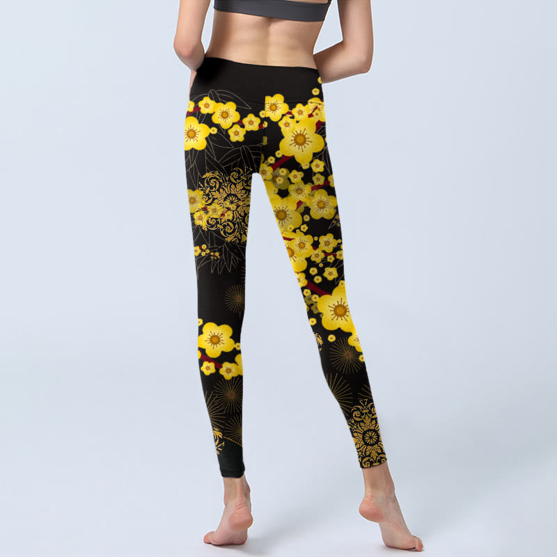 Buddha Stones Yellow Cherry Blossoms Bamboo Leaves Firework Pattern Print Gym Leggings Women's Yoga Pants - image 7
