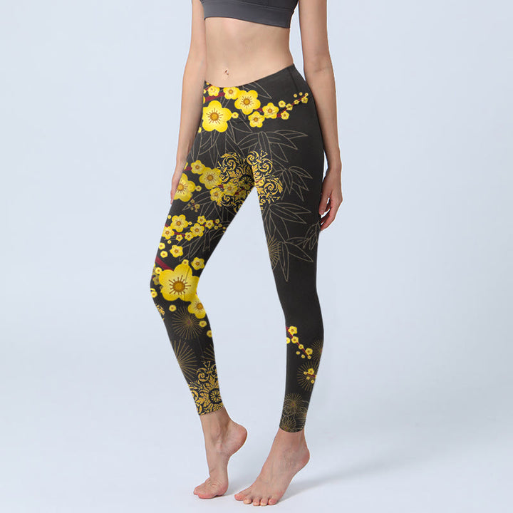 Buddha Stones Yellow Cherry Blossoms Bamboo Leaves Firework Pattern Print Gym Leggings Women's Yoga Pants - Black - US18,UK/AU22,EU50 (4XL) - image 1