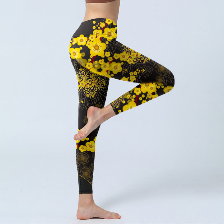 Buddha Stones Yellow Cherry Blossoms Bamboo Leaves Firework Pattern Print Gym Leggings Women's Yoga Pants - image 4
